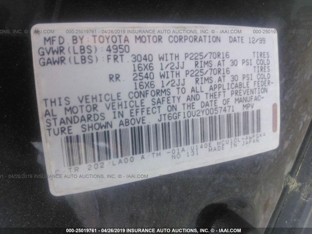 JT6GF10U2Y0057471 - 2000 LEXUS RX 300 BLACK photo 9