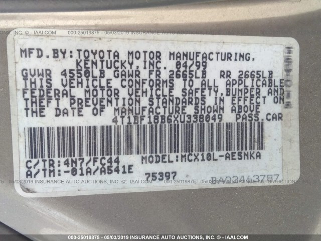 4T1BF18B6XU338049 - 1999 TOYOTA AVALON XL/XLS GOLD photo 9