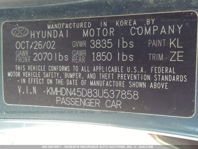 KMHDN45D83U537858 - 2003 HYUNDAI ELANTRA GLS/GT GREEN photo 9