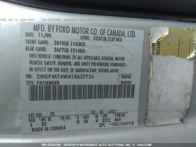 2MEFM74W41X637724 - 2001 MERCURY GRAND MARQUIS GS SILVER photo 9