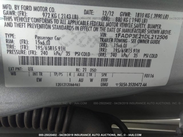 1FADP3E21DL212506 - 2013 FORD FOCUS S SILVER photo 9