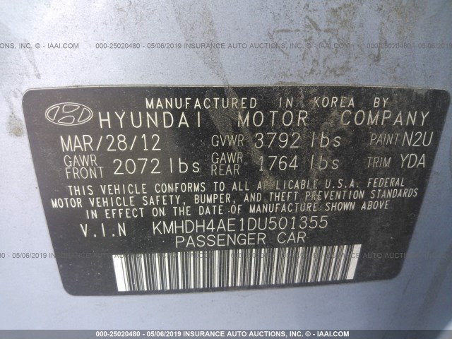 KMHDH4AE1DU501355 - 2013 HYUNDAI ELANTRA GLS/LIMITED BLUE photo 9