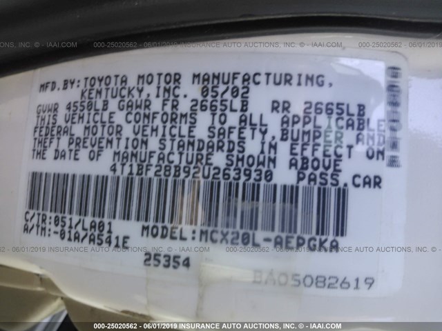 4T1BF28B92U263930 - 2002 TOYOTA AVALON XL/XLS WHITE photo 9