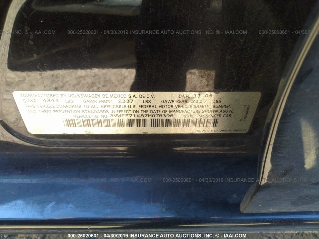 3VWEF71K87M078396 - 2007 VOLKSWAGEN JETTA WOLFSBURG 黑色 照片 9