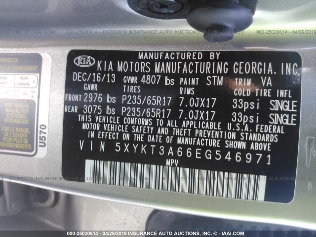 5XYKT3A66EG546971 - 2014 KIA SORENTO LX SILVER photo 9