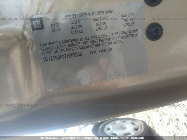 1G1ZS58F97F307500 - 2007 CHEVROLET MALIBU LS GOLD photo 9