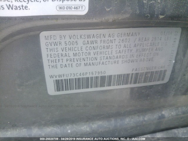 WVWFU73C46P157950 - 2006 VOLKSWAGEN PASSAT 3.6L 4MOTION LUXURY GRAY photo 9