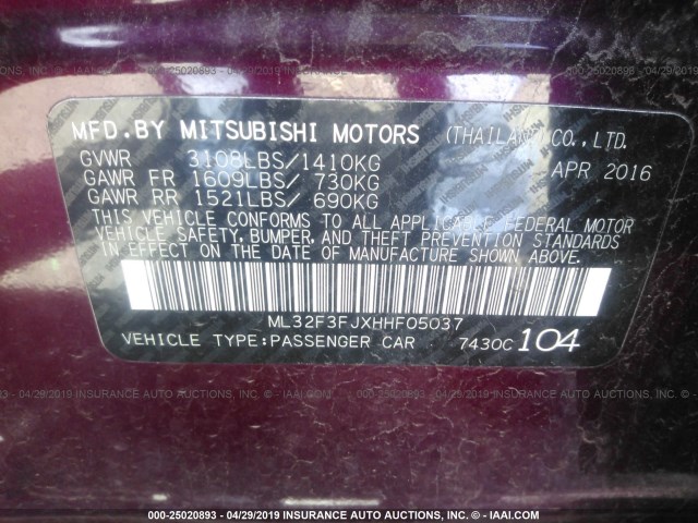 ML32F3FJXHHF05037 - 2017 MITSUBISHI MIRAGE G4 ES წითელი ფოტო 9