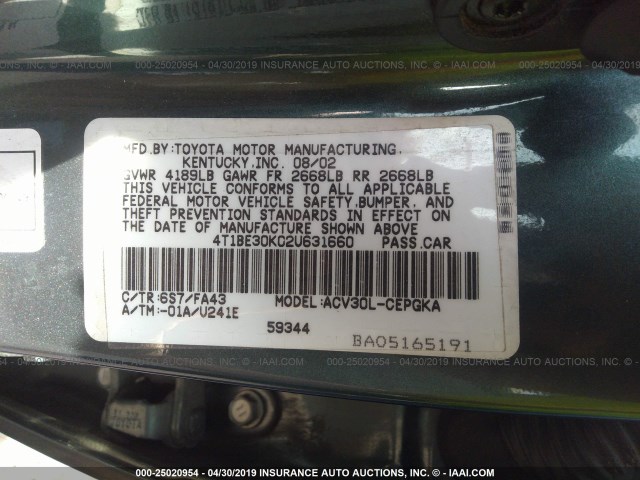 4T1BE30K02U631660 - 2002 TOYOTA CAMRY LE/XLE/SE GREEN photo 9