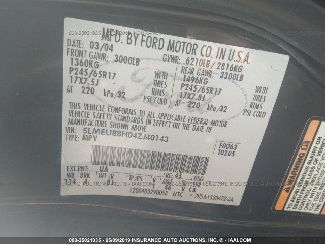 5LMEU88H04ZJ40143 - 2004 LINCOLN AVIATOR Qara foto 9