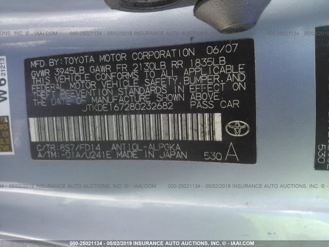 JTKDE167280232682 - 2008 TOYOTA SCION TC Light Blue photo 9