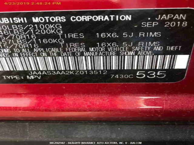 JA4AS3AA2KZ013512 - 2019 MITSUBISHI ECLIPSE CROSS ES RED photo 16