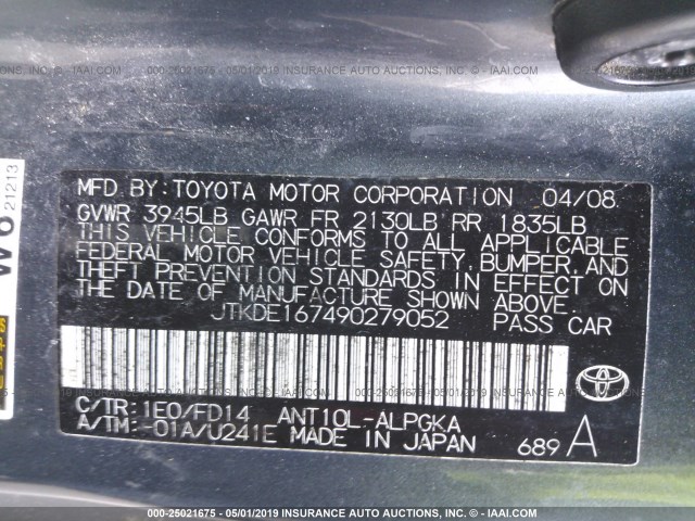 JTKDE167490279052 - 2009 TOYOTA SCION TC GRAY photo 9