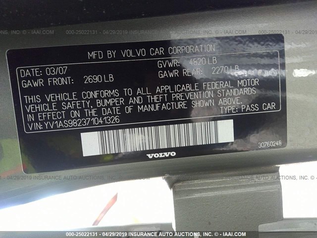 YV1AS982371041326 - 2007 VOLVO S80 3.2 GRAY photo 9