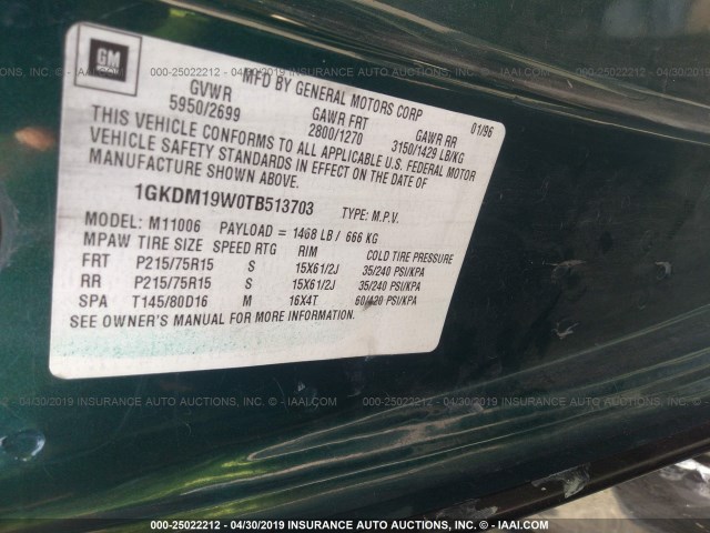 1GKDM19W0TB513703 - 1996 GMC SAFARI XT GREEN photo 9