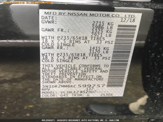 5N1DR2MM6KC599757 - 2019 NISSAN PATHFINDER S/SL/SV/PLATINUM 黑色 照片 14