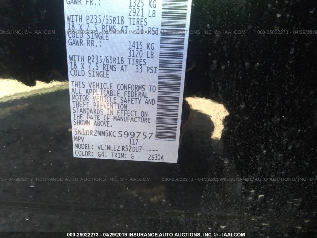 5N1DR2MM6KC599757 - 2019 NISSAN PATHFINDER S/SL/SV/PLATINUM 黑色 照片 9