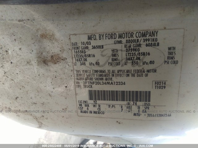 3FTNF20L34MA12334 - 2004 FORD F250 SUPER DUTY WHITE photo 9