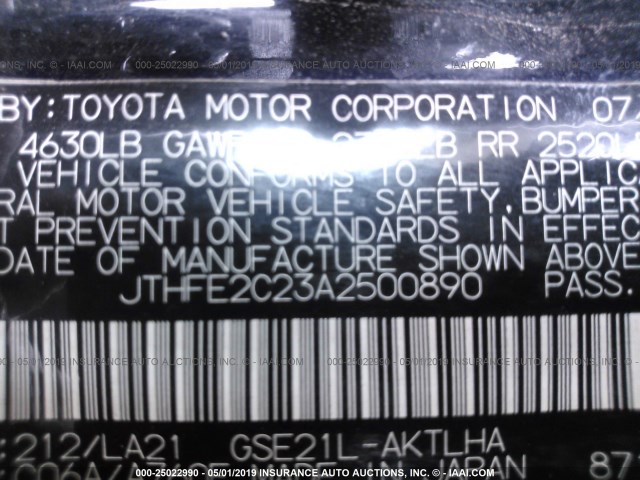 JTHFE2C23A2500890 - 2010 LEXUS IS 350 BLACK photo 9