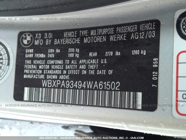 WBXPA93494WA61502 - 2004 BMW X3 3.0I SILVER photo 9