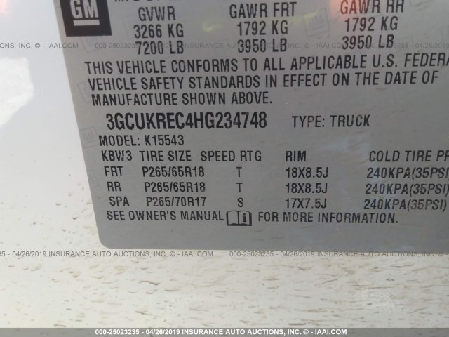 3GCUKREC4HG234748 - 2017 CHEVROLET SILVERADO K1500 LT WHITE photo 9