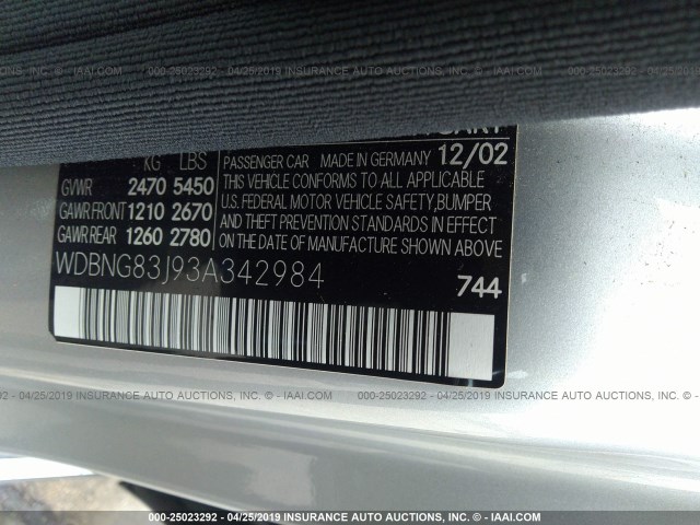 WDBNG83J93A342984 - 2003 MERCEDES-BENZ S 430 4MATIC SILVER photo 9