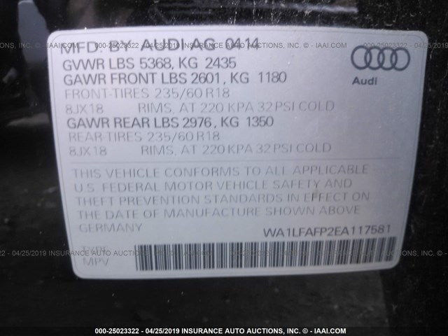 WA1LFAFP2EA117581 - 2014 AUDI Q5 PREMIUM PLUS BLACK photo 9