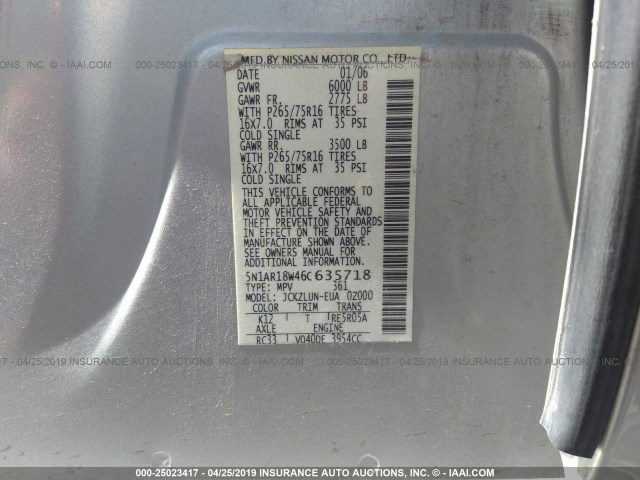 5N1AR18W46C635718 - 2006 NISSAN PATHFINDER LE/SE/XE SILVER photo 9