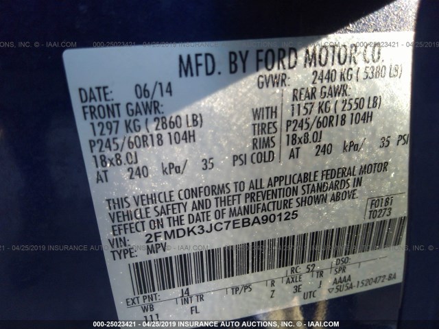 2FMDK3JC7EBA90125 - 2014 FORD EDGE SEL BLUE photo 9