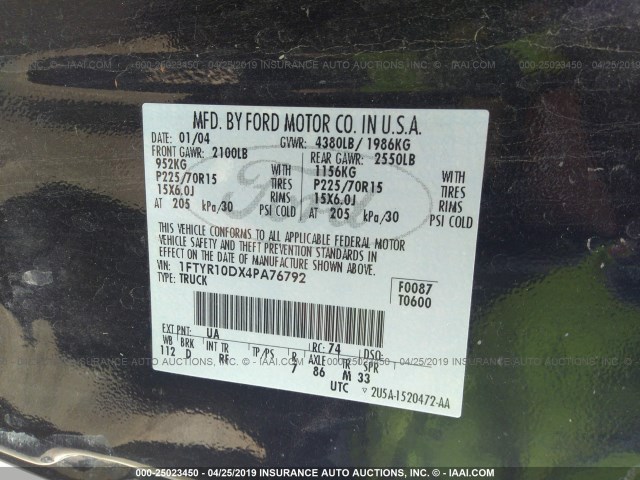 1FTYR10DX4PA76792 - 2004 FORD RANGER BLACK photo 9