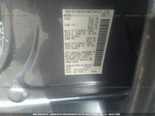 1N6AA1E58HN568441 - 2017 NISSAN TITAN SV/SL/PRO-4X/PLAT RES GRAY photo 9