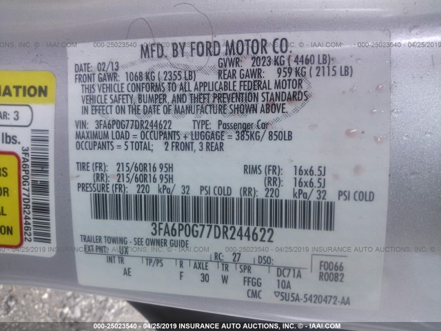 3FA6P0G77DR244622 - 2013 FORD FUSION S SILVER photo 9