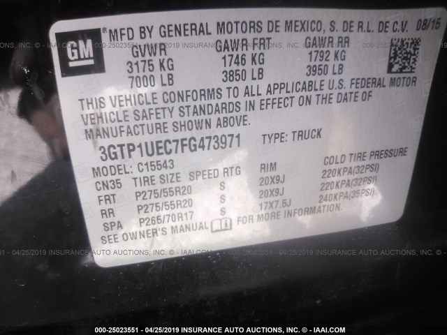 3GTP1UEC7FG473971 - 2015 GMC SIERRA C1500 SLE BLACK photo 9