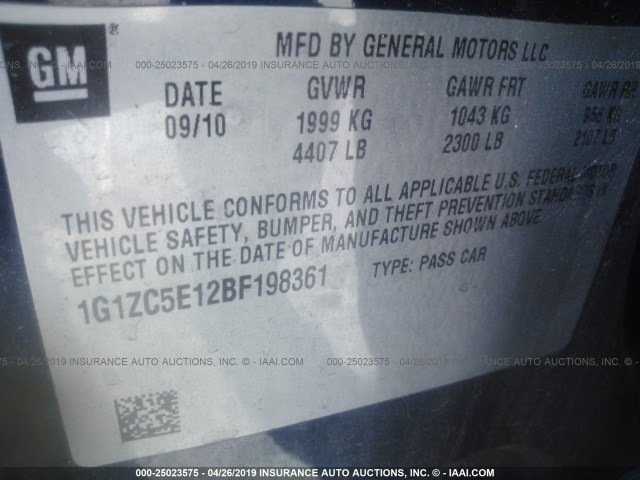 1G1ZC5E12BF198361 - 2011 CHEVROLET MALIBU 1LT 黑色 照片 9