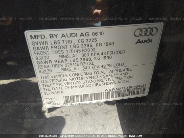 WA1VMAFEXBD000533 - 2011 AUDI Q7 PRESTIGE BLACK photo 9