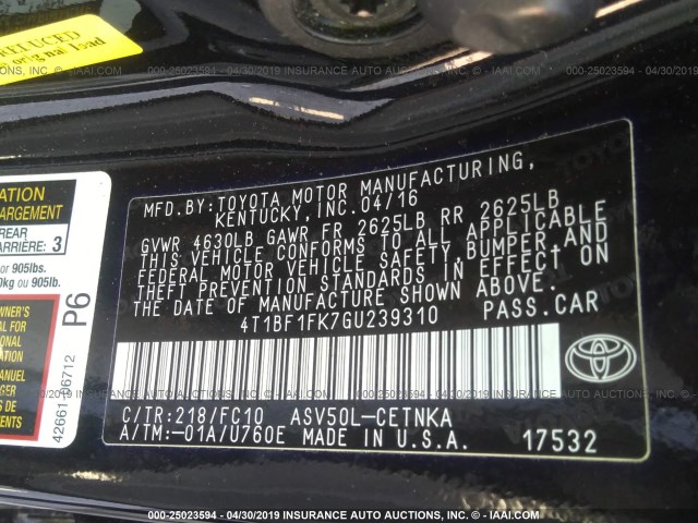 4T1BF1FK7GU239310 - 2016 TOYOTA CAMRY LE/XLE/SE/XSE 黑色 照片 9