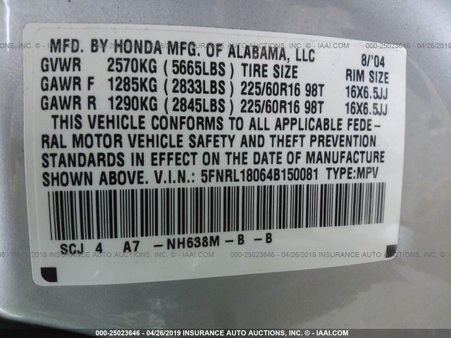 5FNRL18064B150081 - 2004 HONDA ODYSSEY EXL SILVER photo 9