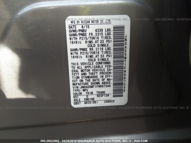 JN8AS5MT1FW667346 - 2015 NISSAN ROGUE SELECT S GRAY photo 9
