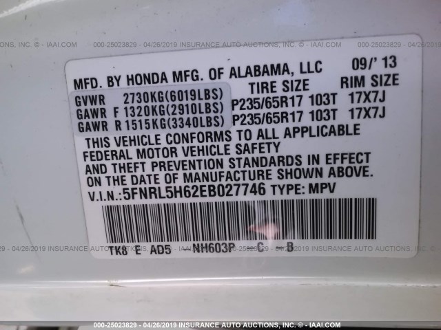 5FNRL5H62EB027746 - 2014 HONDA ODYSSEY EXL WHITE photo 9