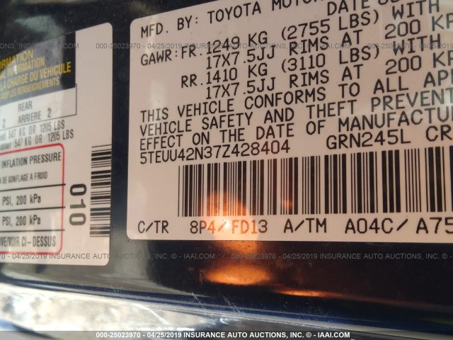 5TEUU42N37Z428404 - 2007 TOYOTA TACOMA ACCESS CAB ლურჯი ფოტო 9