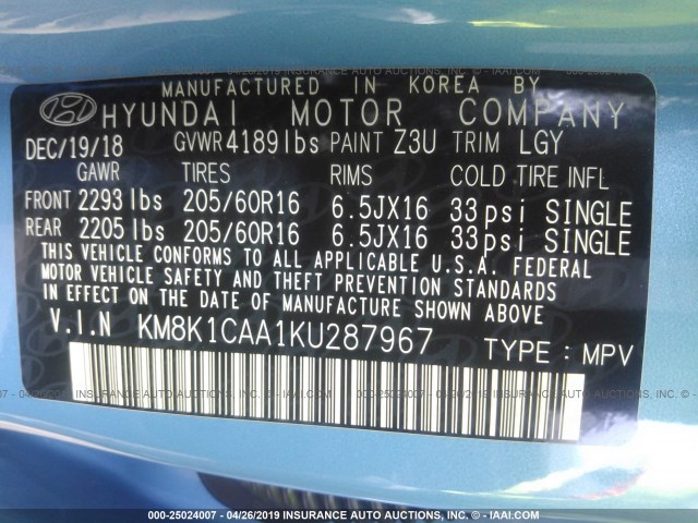 KM8K1CAA1KU287967 - 2019 HYUNDAI KONA SE BLUE photo 9