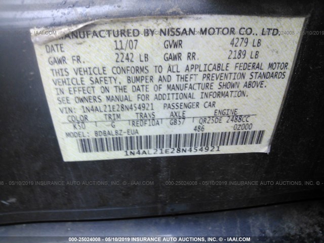 1N4AL21E28N454921 - 2008 NISSAN ALTIMA 2.5/2.5S GRAY photo 9