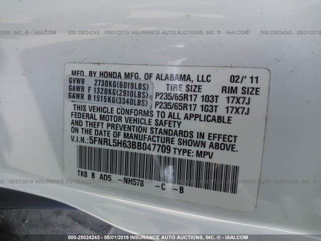 5FNRL5H63BB047709 - 2011 HONDA ODYSSEY EXL WHITE photo 9