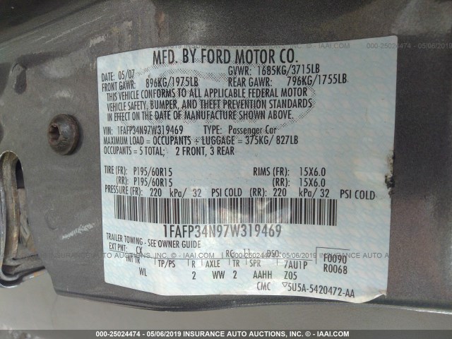 1FAFP34N97W319469 - 2007 FORD FOCUS ZX4/S/SE/SES GRAY photo 9