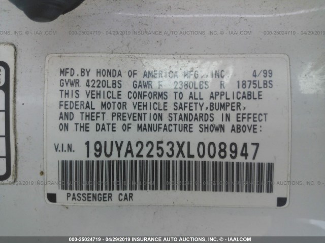 19UYA2253XL008947 - 1999 ACURA 3.0CL 白色 照片 9