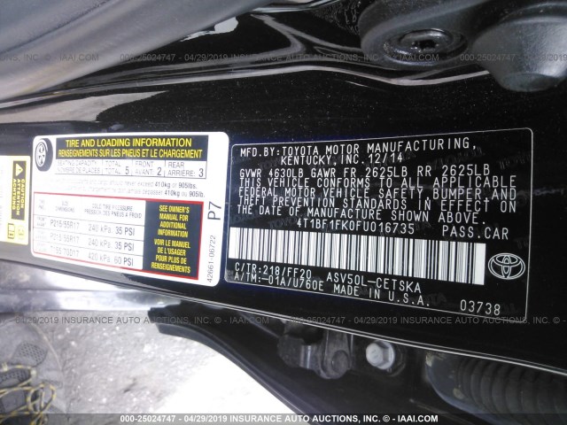 4T1BF1FK0FU016735 - 2015 TOYOTA CAMRY LE/XLE/SE/XSE BLACK photo 9