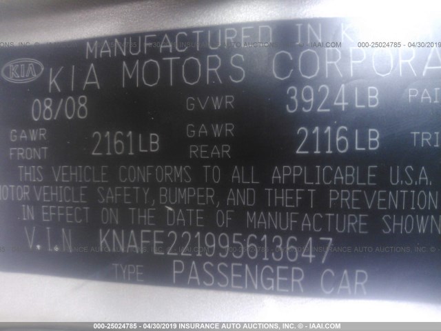 KNAFE221995613647 - 2009 KIA SPECTRA EX/LX/SX GOLD photo 9