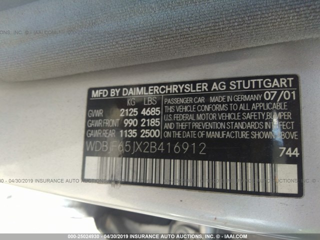 WDBJF65JX2B416912 - 2002 MERCEDES-BENZ E 320 SILVER photo 9