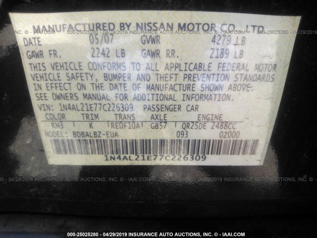 1N4AL21E77C226309 - 2007 NISSAN ALTIMA 2.5/2.5S BLACK photo 9