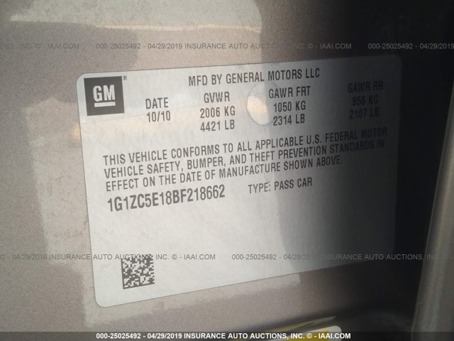 1G1ZC5E18BF218662 - 2011 CHEVROLET MALIBU 1LT 棕色 照片 9